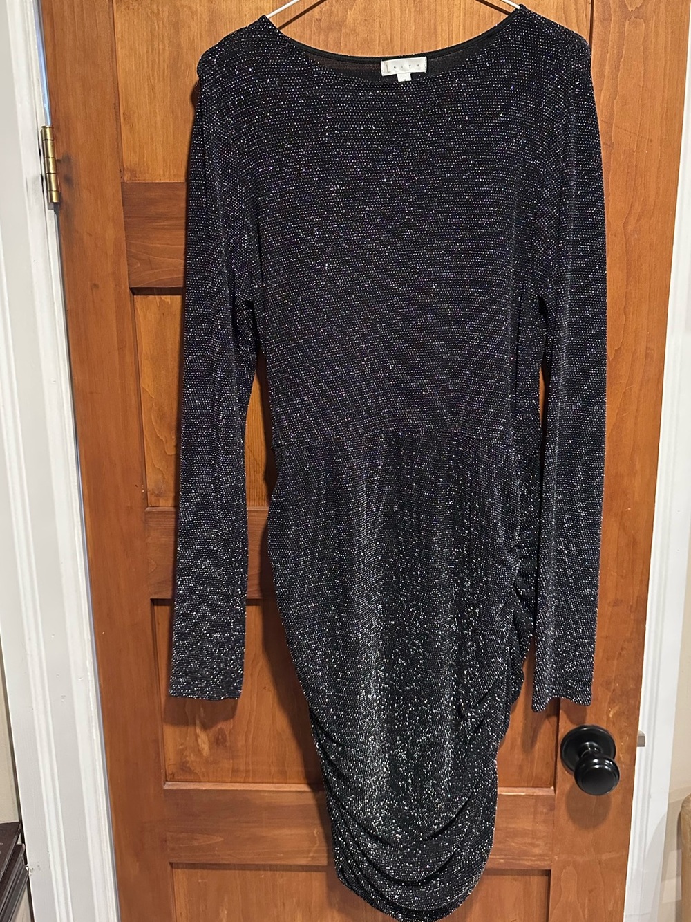Leith Black Sparkle Long Sleeve Ruched Dress